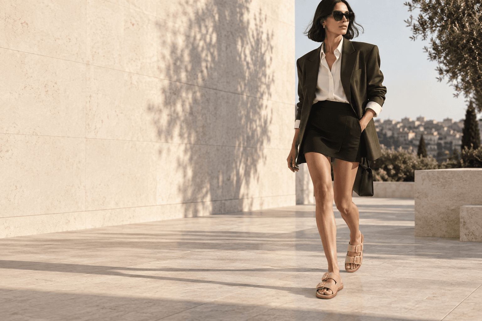 Fashion editorial concept showing blush slides worn with tailored clothing